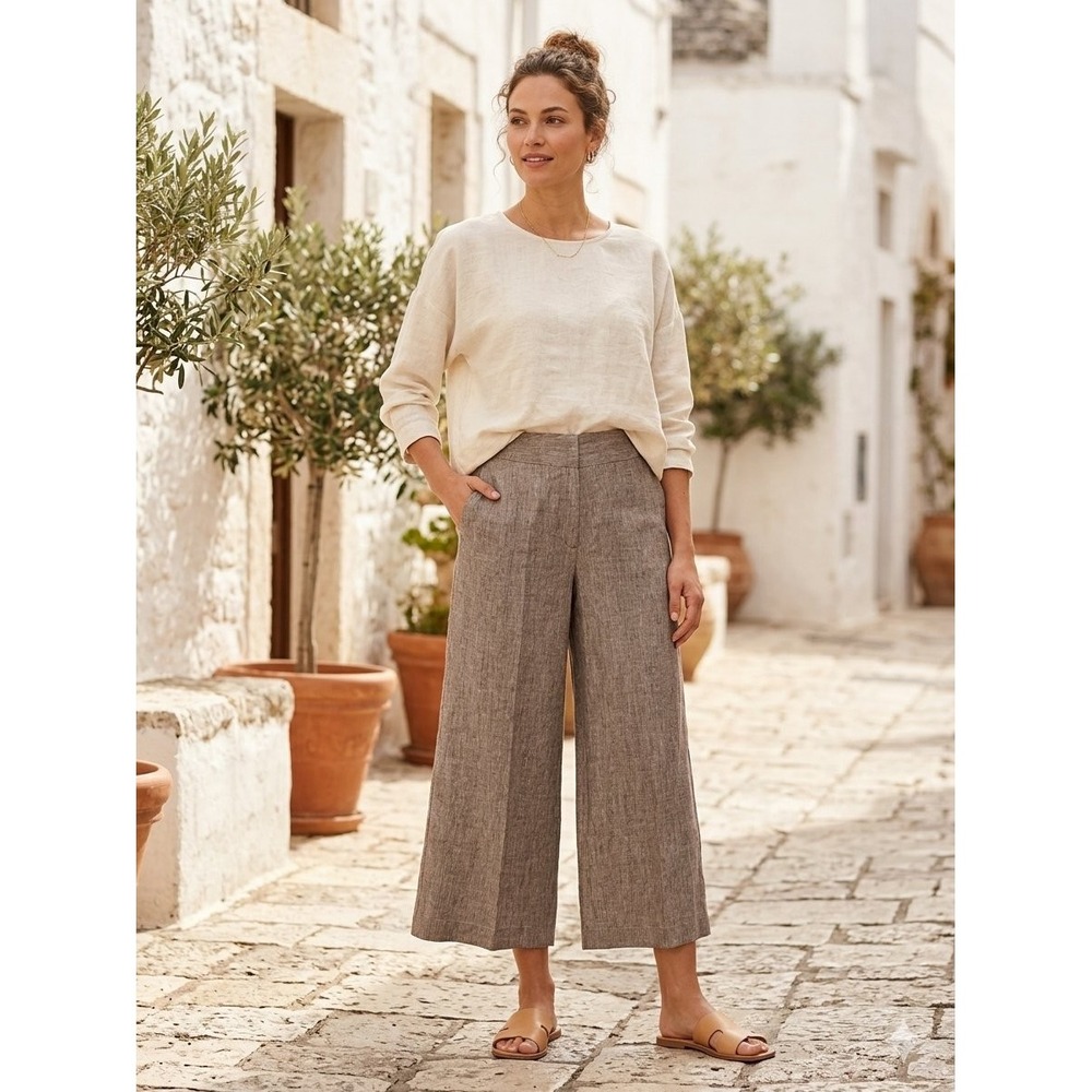 Ann Mashburn Brown Melange Wide Leg Cropped Pants Side Zip Size 2
